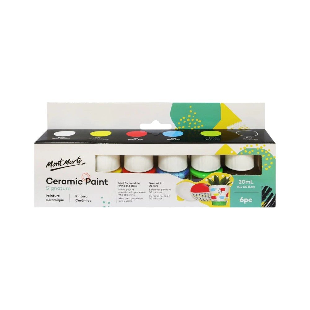 Mont Marte Ceramic Paint Set (6x20ml) with essential colours for porcelain and glass painting.